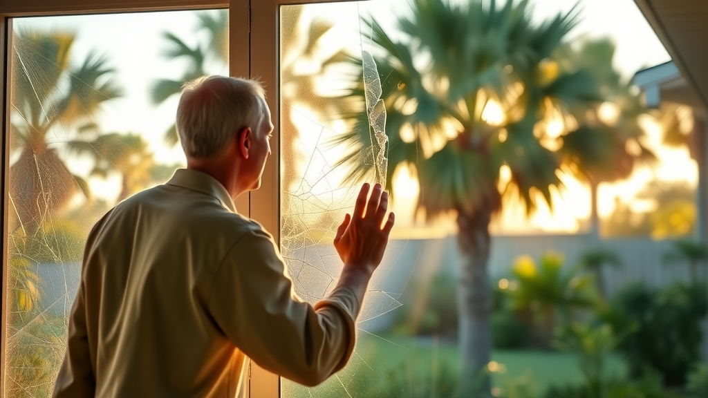 sunlit suburban Myrtle Beach home with a visibly cracked window, local window repair near me in myrtle beach sc, worried homeowner, lush green backyard, palm trees, coastal details, afternoon light, highly detailed