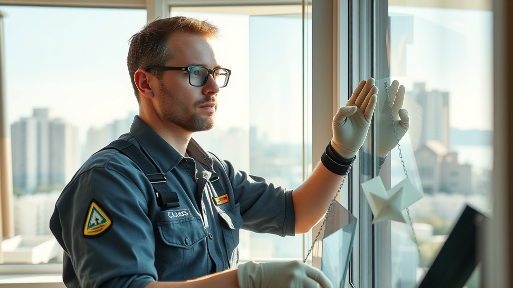 busy window technician in uniform, glass repair, window repair, professional tools, modern window, Myrtle Beach, residential, toolkit, bright daylight, highly detailed