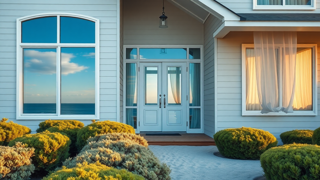 modern Myrtle Beach home exterior, custom glass, window install, new windows, bright blue sky, beachside landscape, golden hour, highly detailed, window world alternatives