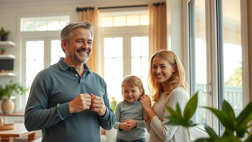 eco-conscious Myrtle Beach family, satisfied, adjusting newly sealed window, energy efficiency, energy star, window repair, glass solutions, cozy living room, houseplants, natural sunlight, highly detailed