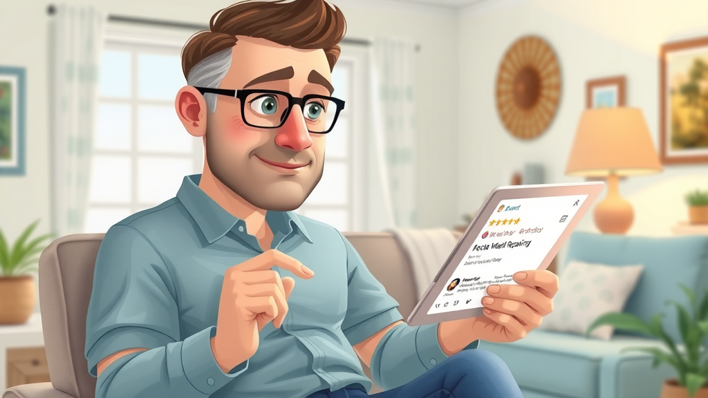 serious homeowner using tablet, reading online reviews, local window repair near me in myrtle beach sc, bright screen, Myrtle Beach interior, review stars, illustration, pastel palette